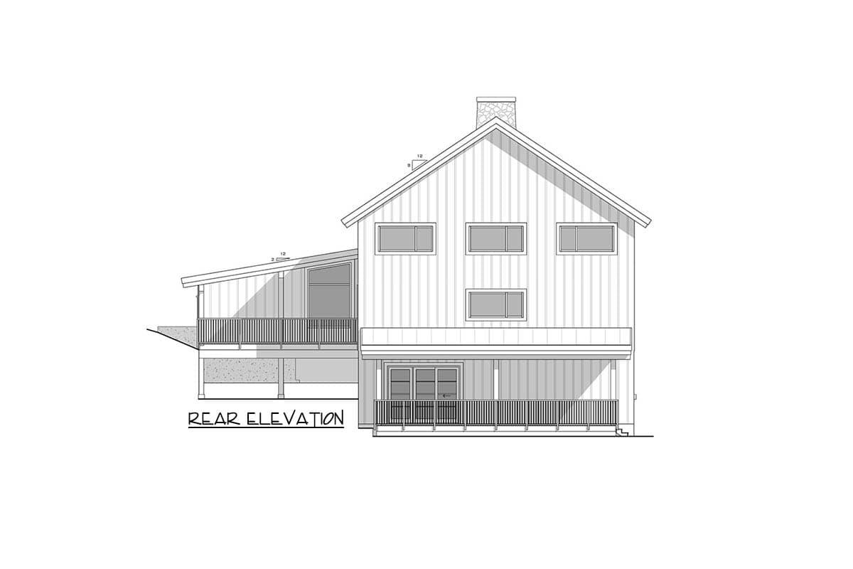 Rear elevation drawing of a two-story house plan with a prominent gable, multiple windows, and a covered deck.