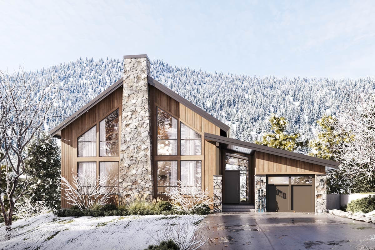 Modern ski lodge house plan exterior with wood siding, stone chimney, gable roof, and large windows.