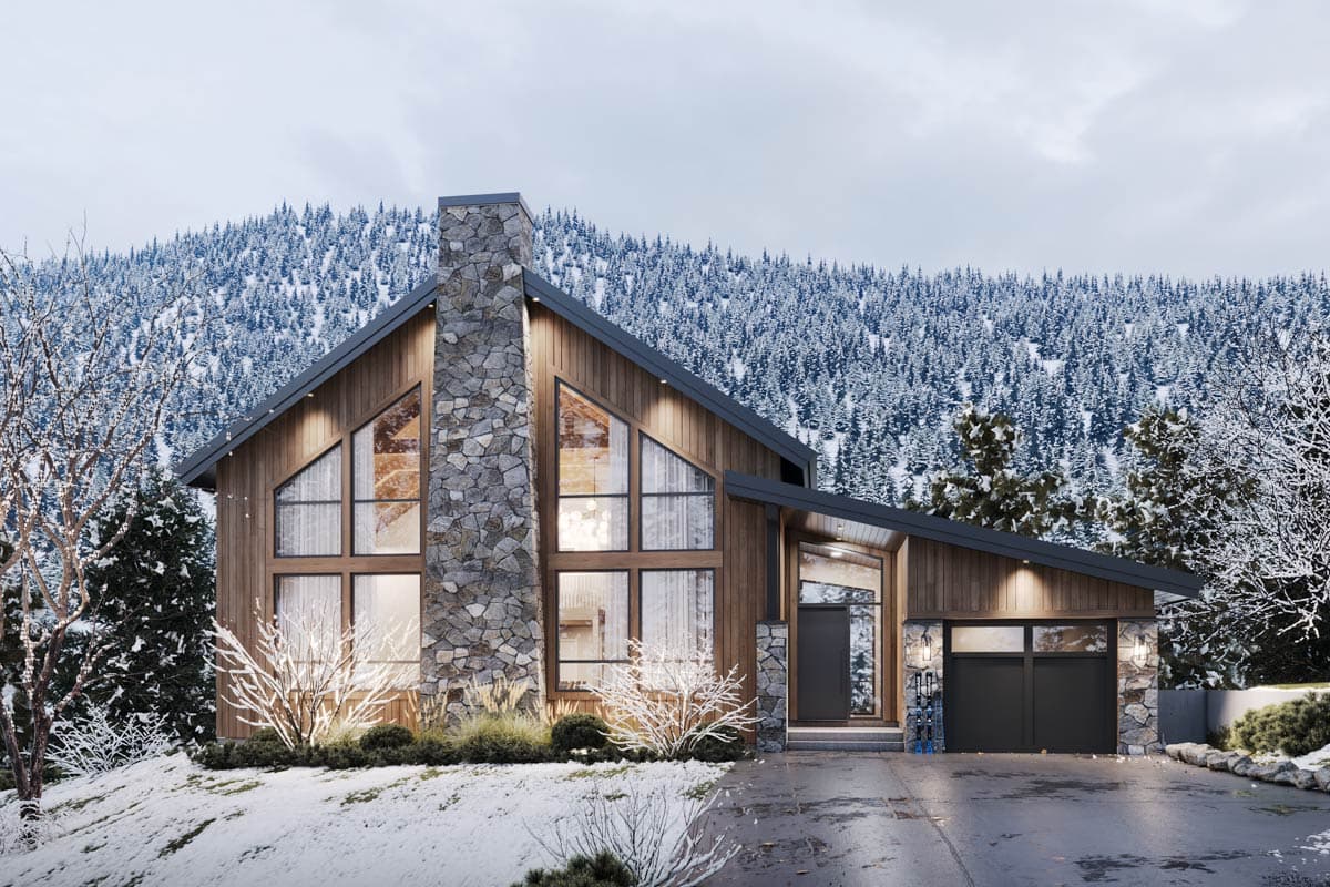 House plan exterior. Modern style with a single story. Features include a stone chimney, shed roof, and attached garage with a dark door.