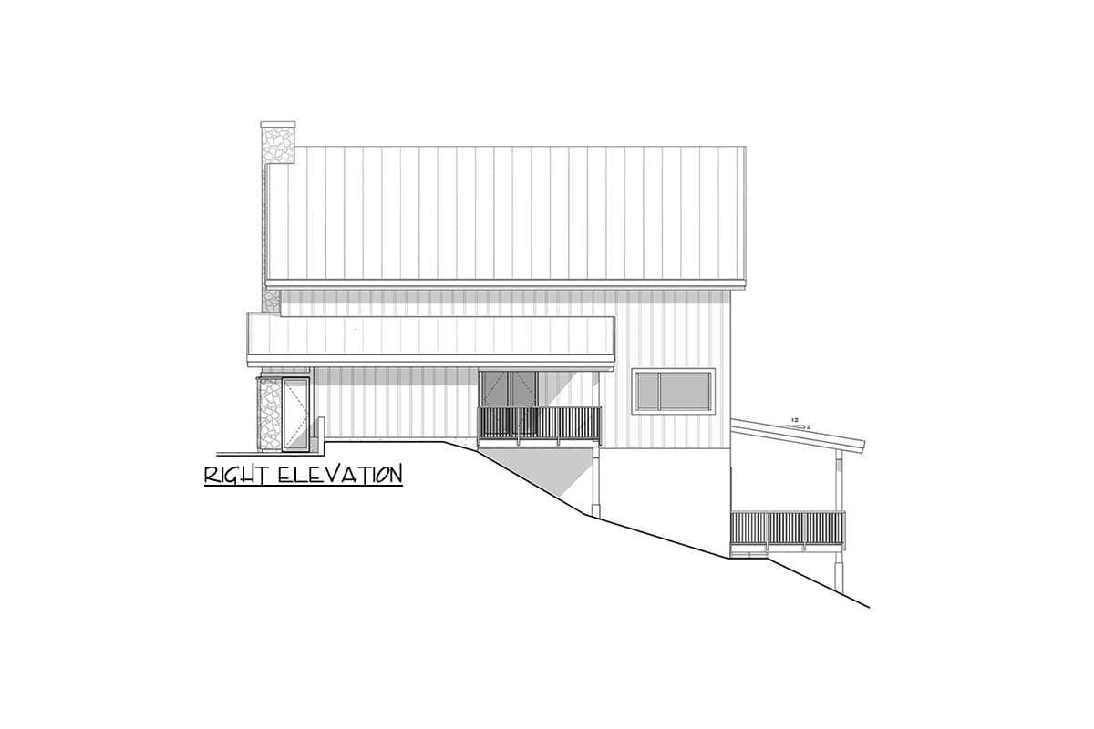 Right elevation drawing of a two-story house plan with metal siding, a cantilevered upper section, and two decks.