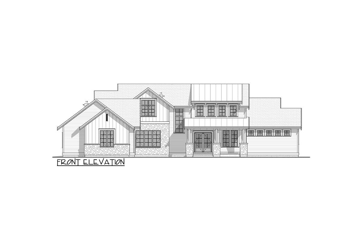 Front elevation drawing of a two-story house with a covered porch, multiple gables, and stone and siding accents.