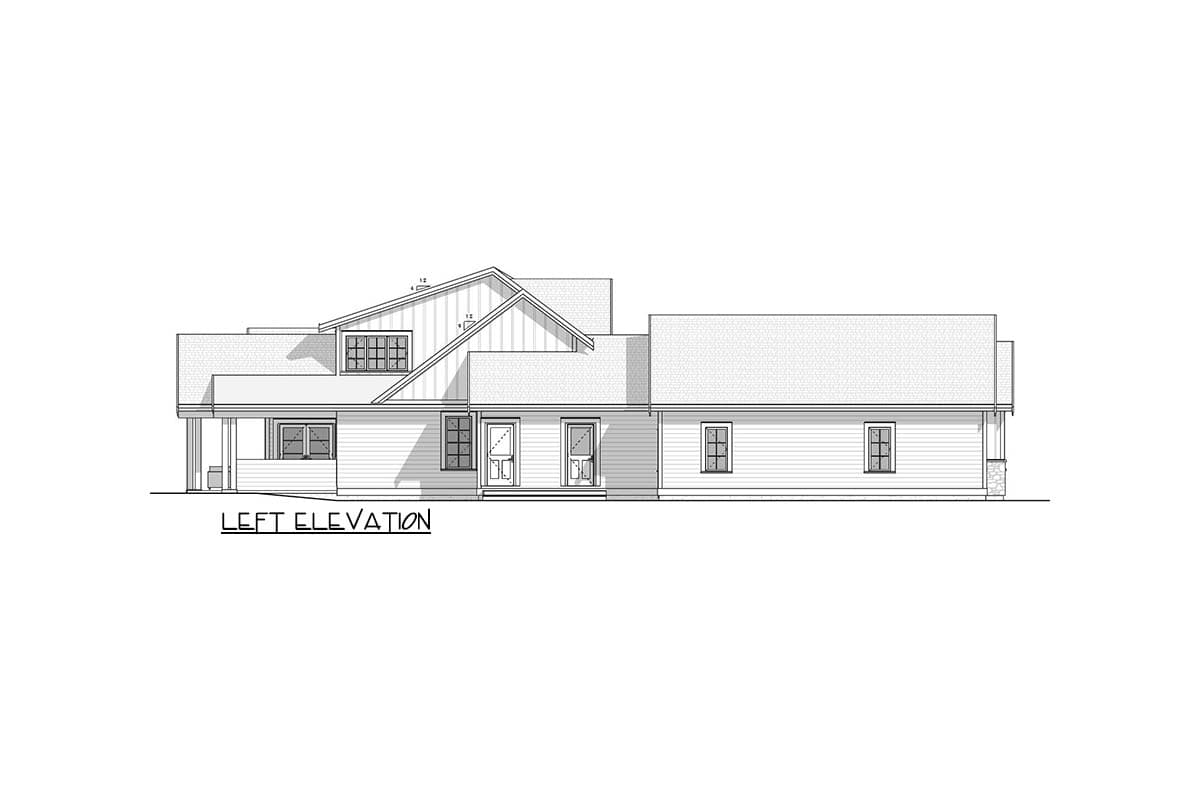 Left elevation drawing of a house plan with gables, dormer windows, and covered porch.