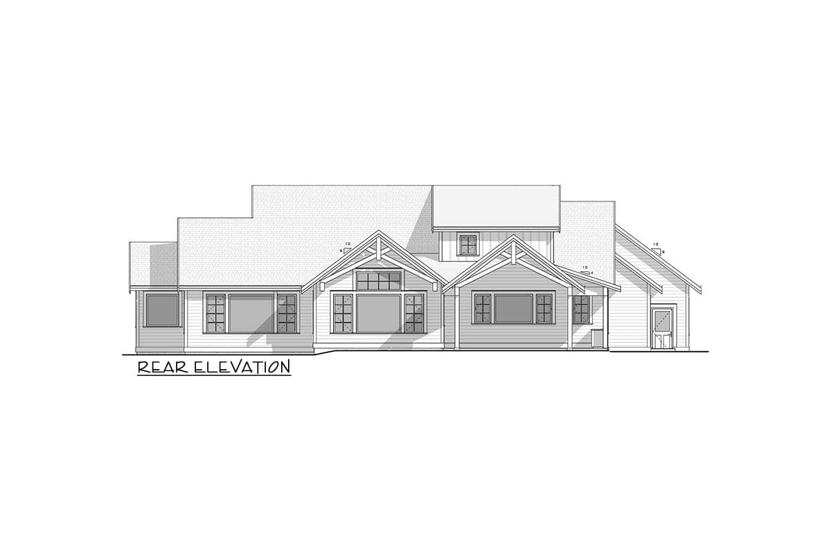 Rear elevation house plan showing multiple gables, large windows, and a dormer.