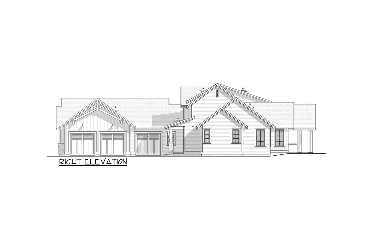 Right elevation drawing of a Modern Farmhouse style house plan with a three-car garage, gabled rooflines, and a covered porch.