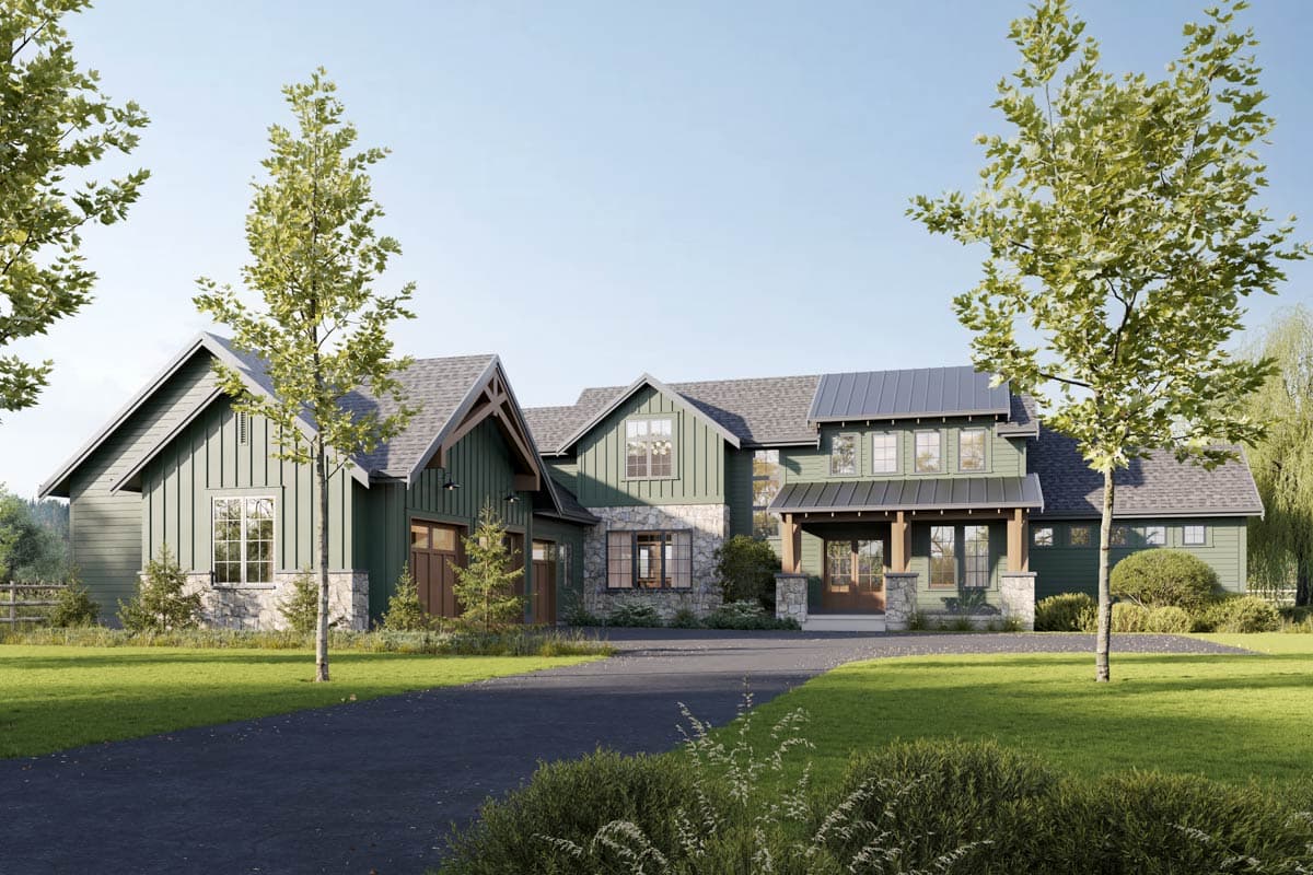 House plan exterior. Craftsman style, two stories with gables, a covered porch, and a mix of stone and siding exterior.