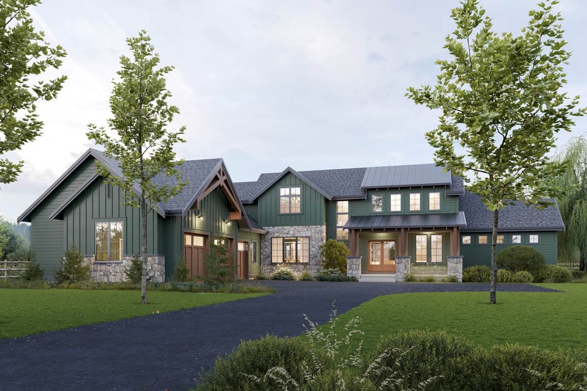 House plan exterior: Modern Farmhouse style, two stories, stone accents, prominent gables, and a covered entryway.