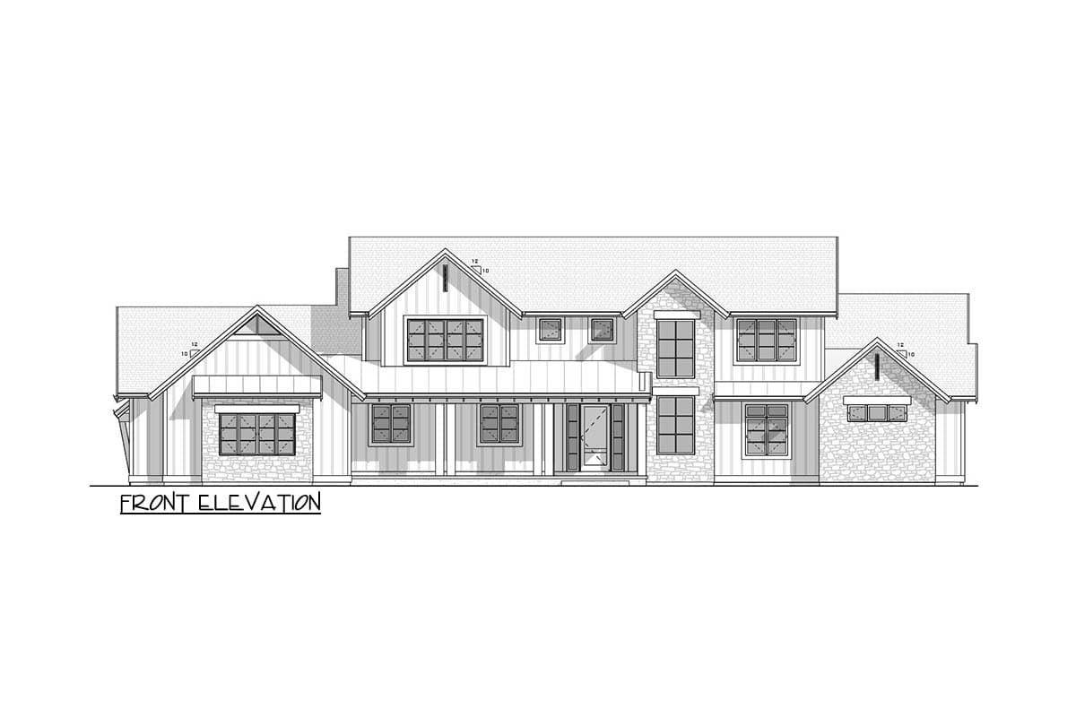 Front elevation drawing of a modern farmhouse style house plan with stone and board-and-batten siding, gables, and a covered porch.