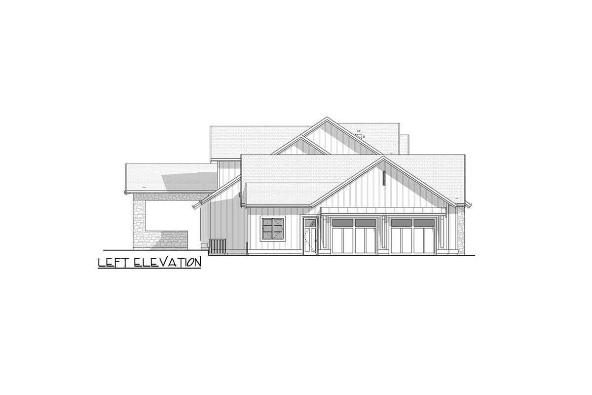 Left elevation of a house plan featuring gables, a side entrance, a window, and a three-car garage.