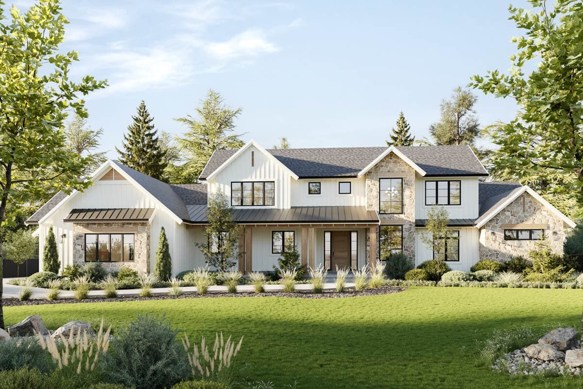 House plan exterior: Modern Farmhouse style, two stories, stone accents, gables, metal roof overhangs, and covered front porch with wood beams.