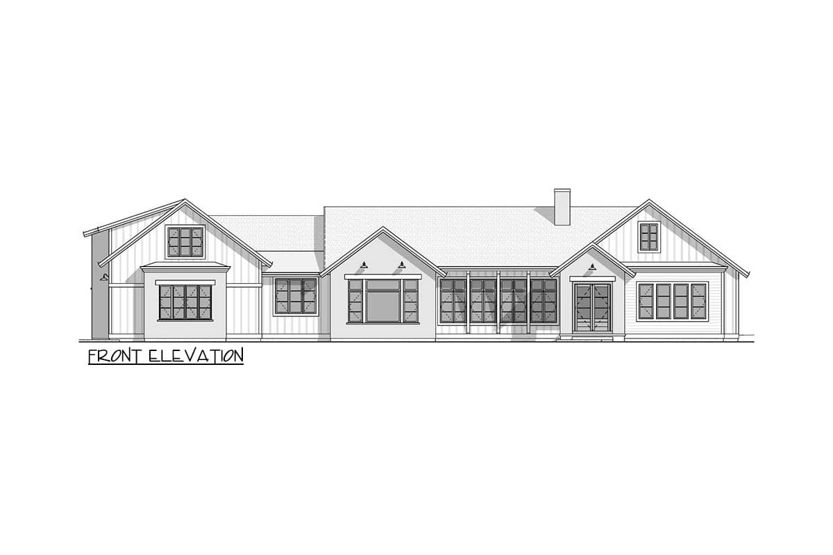 Front elevation drawing of a single-story house plan with multiple gables, dormers, and a covered porch.