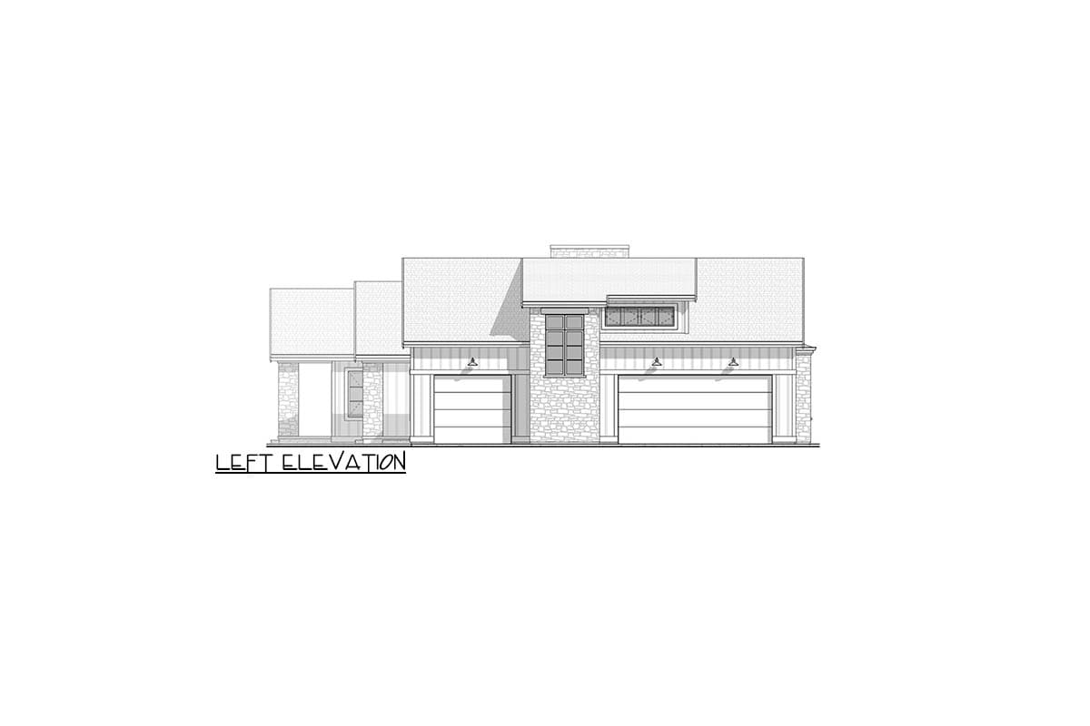 Left elevation house plan with stone accents, two garage doors, and a dormer window.