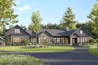 Single-Story Mountain Ranch House Plan with Vaulted Living Space - 3576 Sq Ft