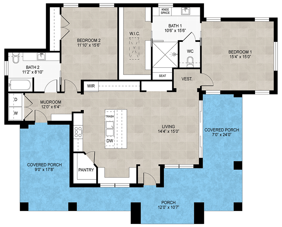 Plan 430129LY: Single-Story 2-Bed Contemporary House Plan with Wrap-Around Porch - 1453 Sq Ft - Floor Plan - Main Level - Contemporary