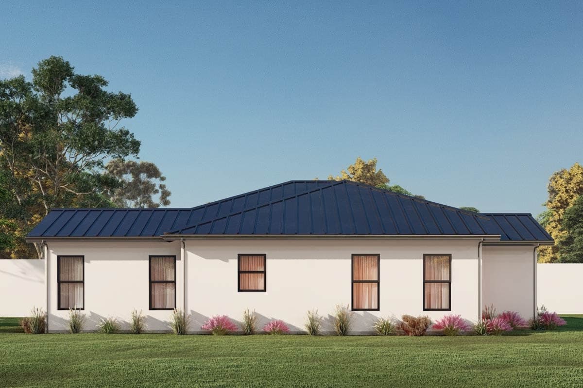 House plan exterior: one-story modern home with a dark standing seam metal roof and multiple evenly spaced windows.