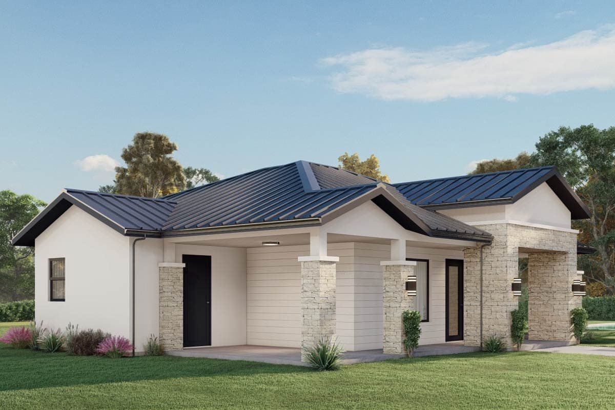 House plan exterior: Single-story Modern Farmhouse with metal roof, stone accents on porch columns and entryway.