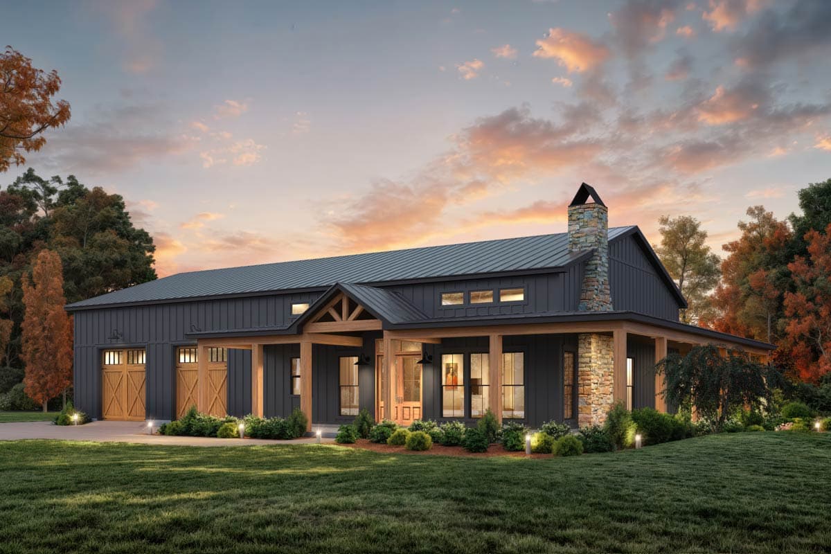 Modern Farmhouse house plan exterior with metal roof, stone chimney, wood beams, and a wraparound porch. Features two garage bays.