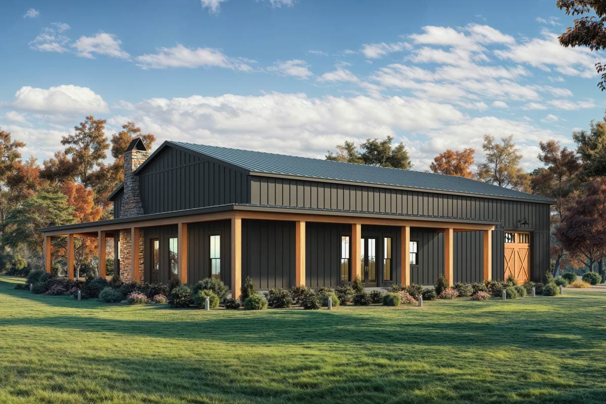 Modern Farmhouse house plan exterior with dark vertical siding, metal roof, wrap-around porch with wood posts, and stone chimney.
