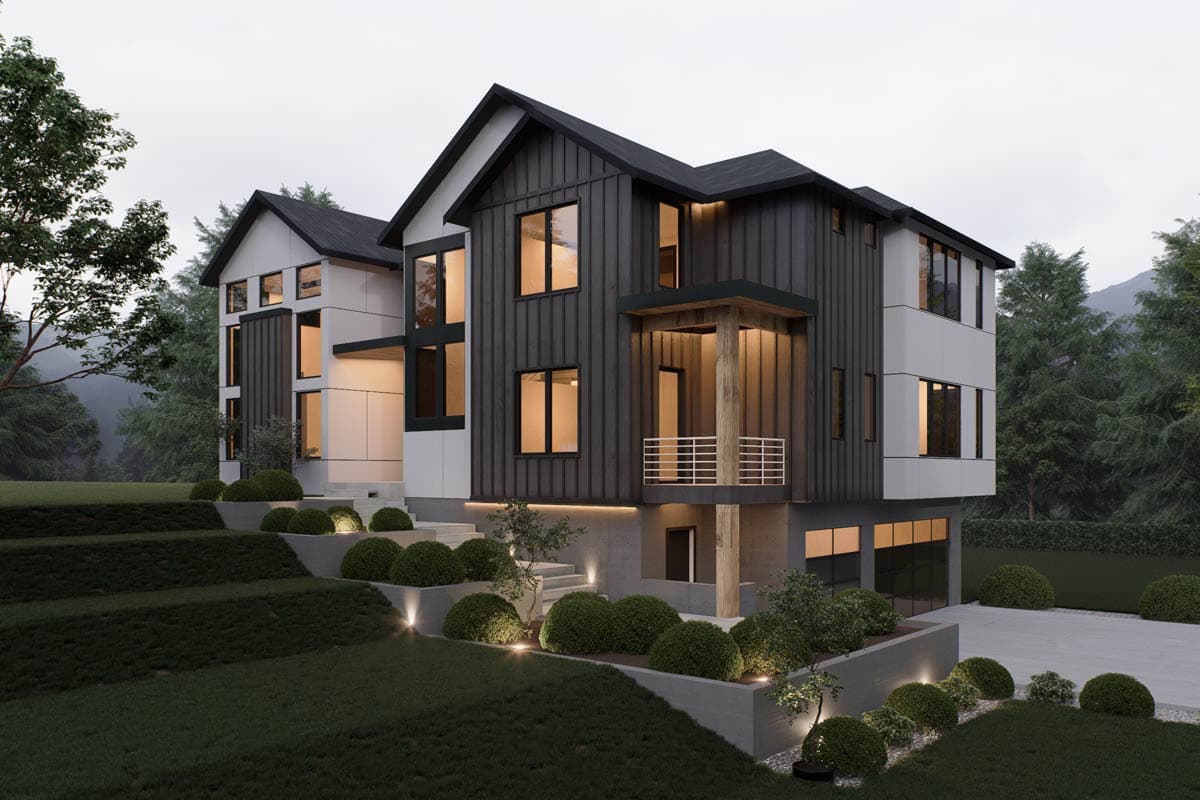 Modern house plan exterior with a dark vertical siding, white panels, gables, and a cantilevered balcony.