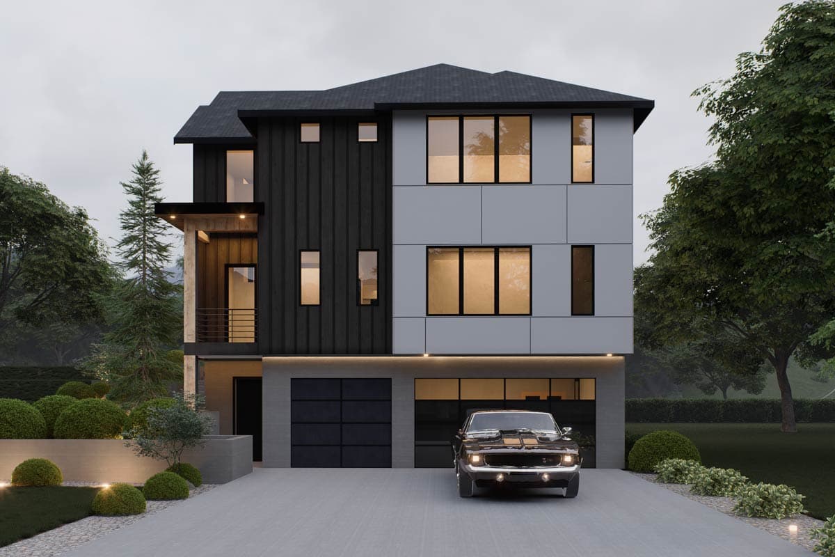 Modern house plan exterior, three stories, with mixed cladding, balcony, and attached two-car garage.