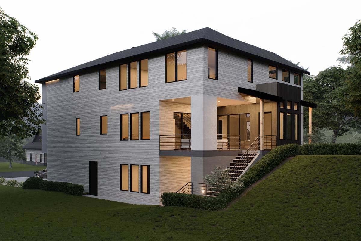 Modern two-story house plan exterior with horizontal siding, large black-framed windows, and a prominent covered entry with exterior stairs.
