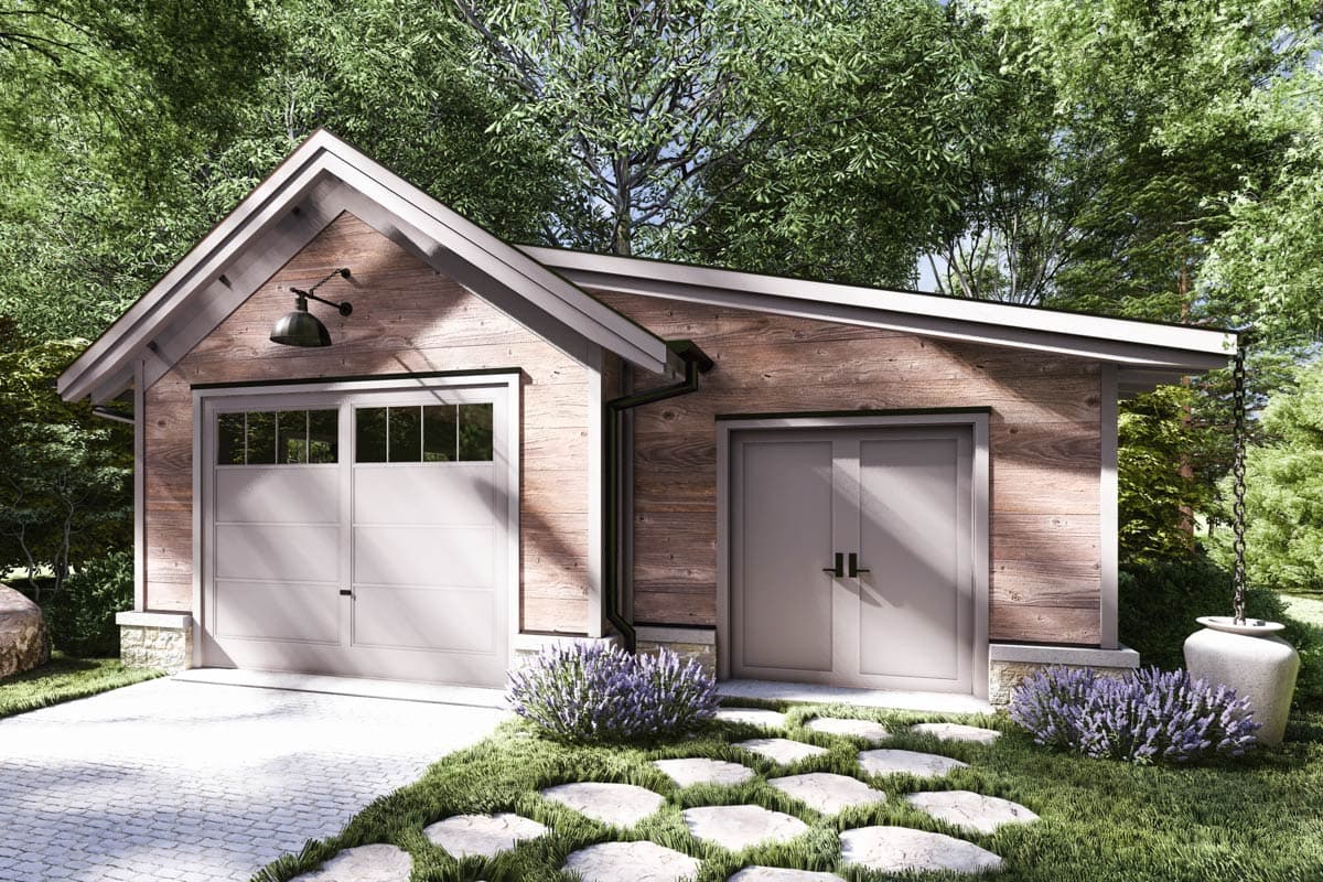 Modern detached garage plan with one double garage door, one single door, wood siding, gable roof, and stone base.