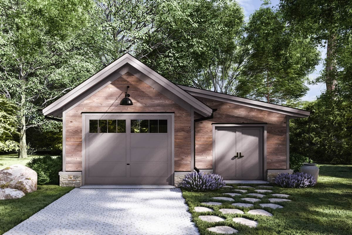 House plan exterior. One-story structure with gable roof. Includes a garage with paneled door and small door. Exterior features wood siding.