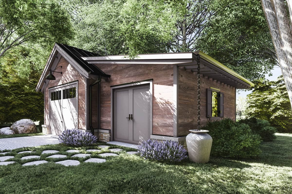 House plan exterior of a single-story Modern Farmhouse with a gable roof, wood siding, single garage door, and double entry doors.