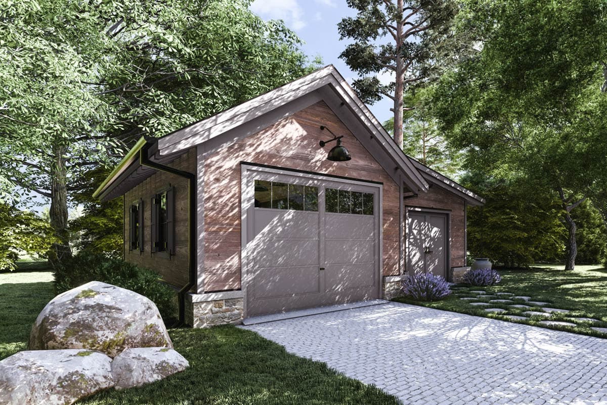 House plan exterior: Single-story structure with wood siding, a gable roof, and a double garage door.