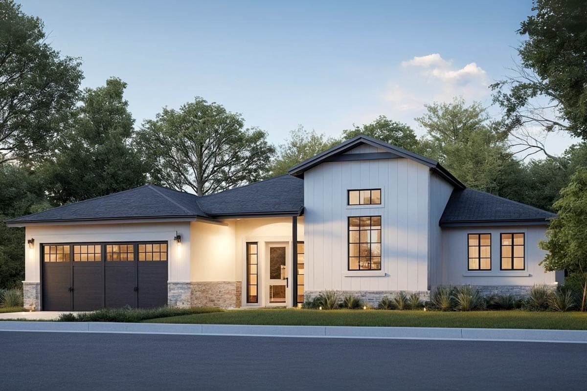 Modern Farmhouse house plan exterior with a side-entry garage, stone base, and prominent gabled roofline.