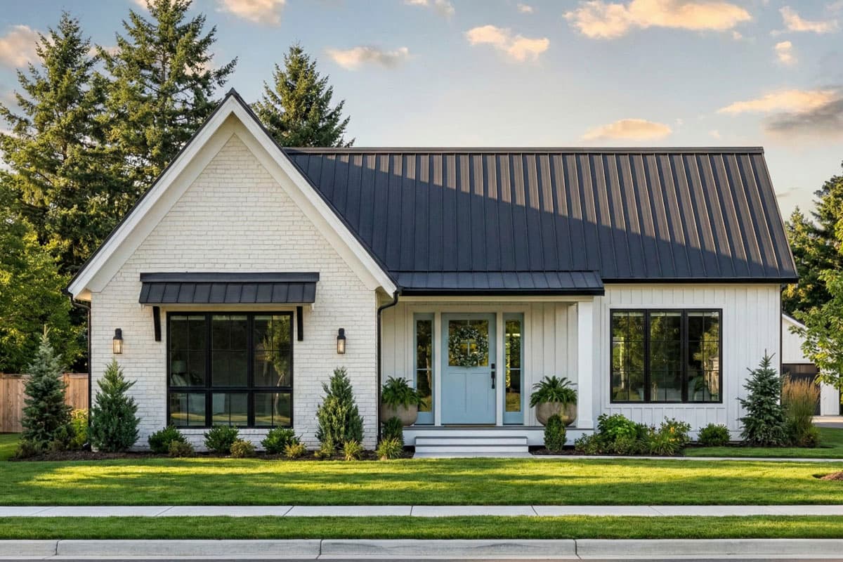 A modern farmhouse with a dark metal roof, light brick and white siding, and a blue front door with a wreath, sits on a large lawn.
