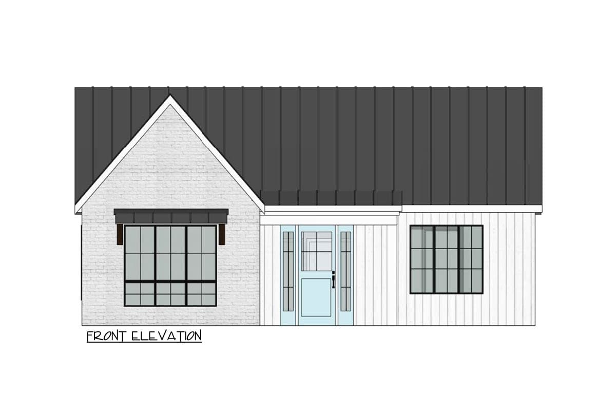 Architectural rendering of a modern farmhouse. Features a white brick facade with black-framed windows, a light blue door, and a dark gray metal roof.