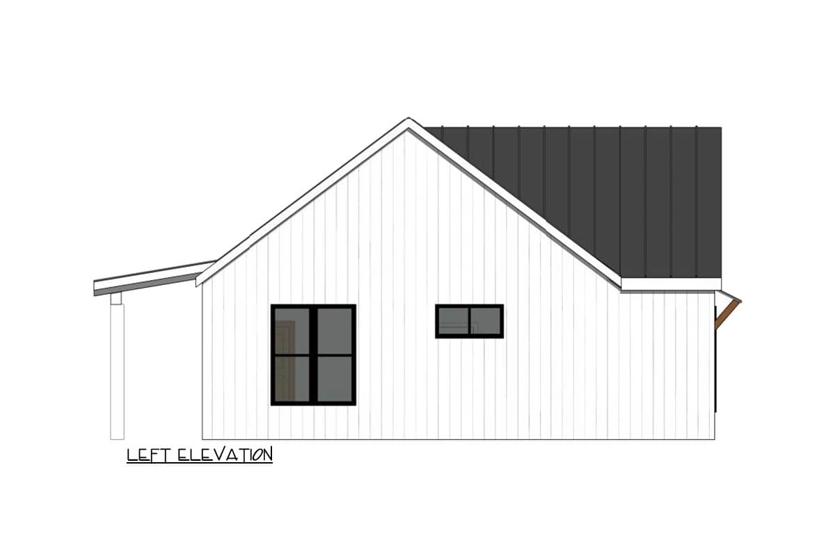 Architectural rendering of a modern house, showing the left elevation. The white exterior has two black-framed windows and a dark gray roof.