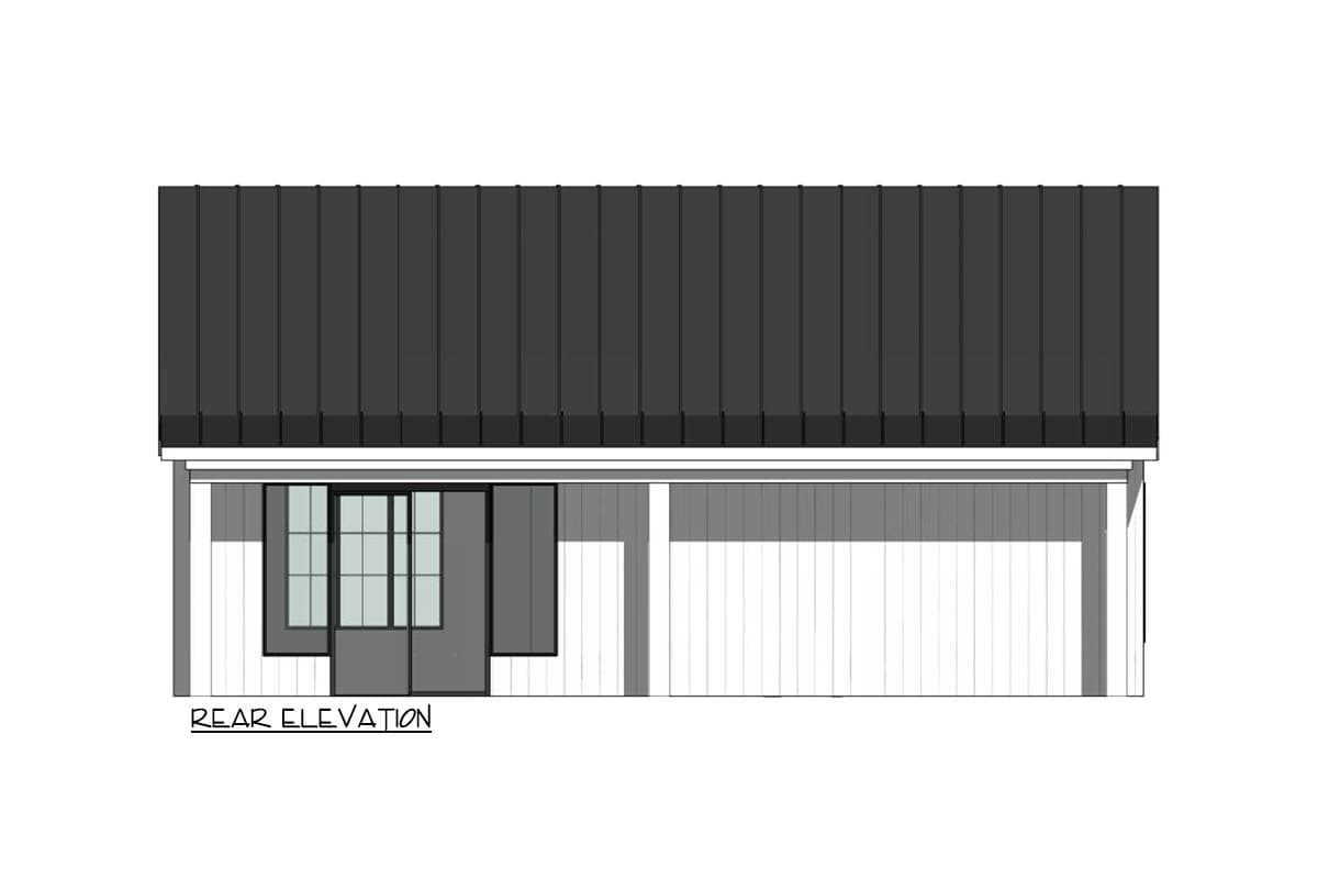 Architectural rendering of a modern home's rear elevation, showing a dark gray metal roof, glass doors, and white siding.