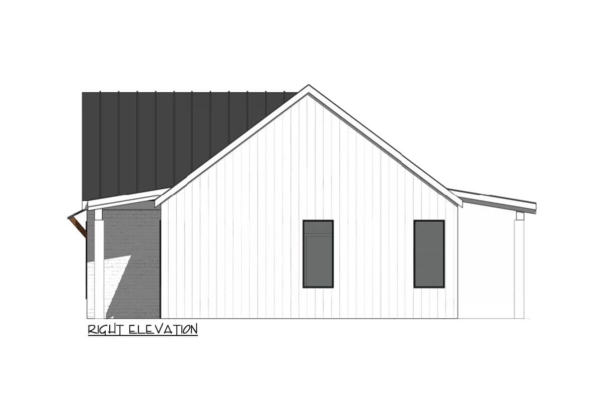Architectural rendering of the right side of a modern house, showing a gabled roof and two windows. White siding contrasts with a dark roof.