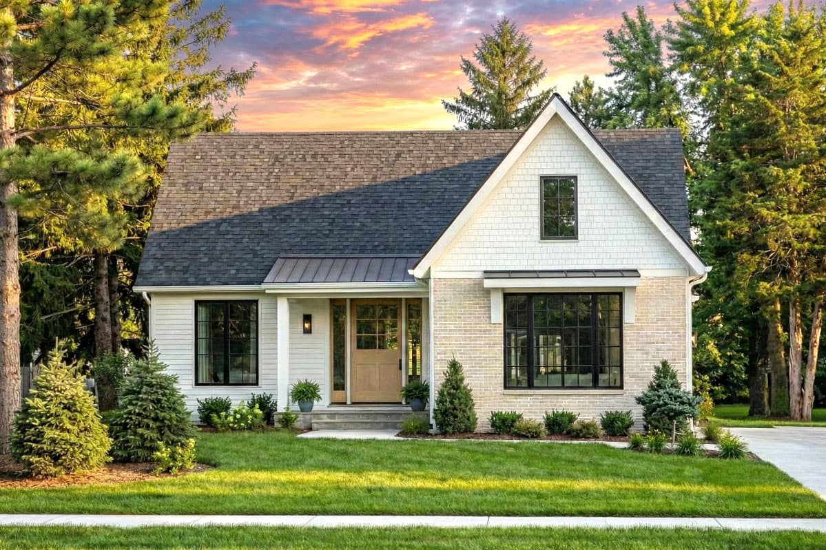A modern white house with a dark roof and black-framed windows. A lush green lawn and landscaping surround the home under a blue sky.