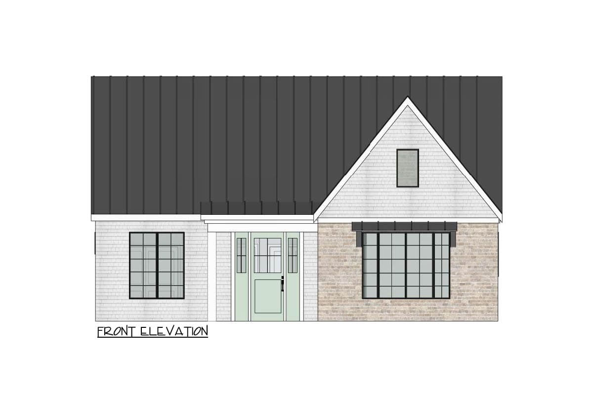 Front elevation of a house with a dark gray roof. The house features a green door, black-framed windows, and a mix of siding and brick.