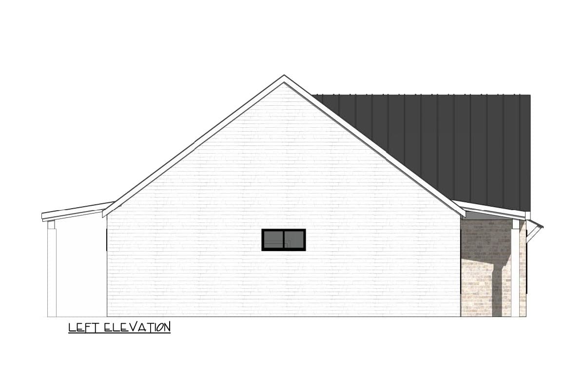 Architectural rendering of a house's side elevation. Features include a gabled roof with dark metal, white brick siding, and a small window.