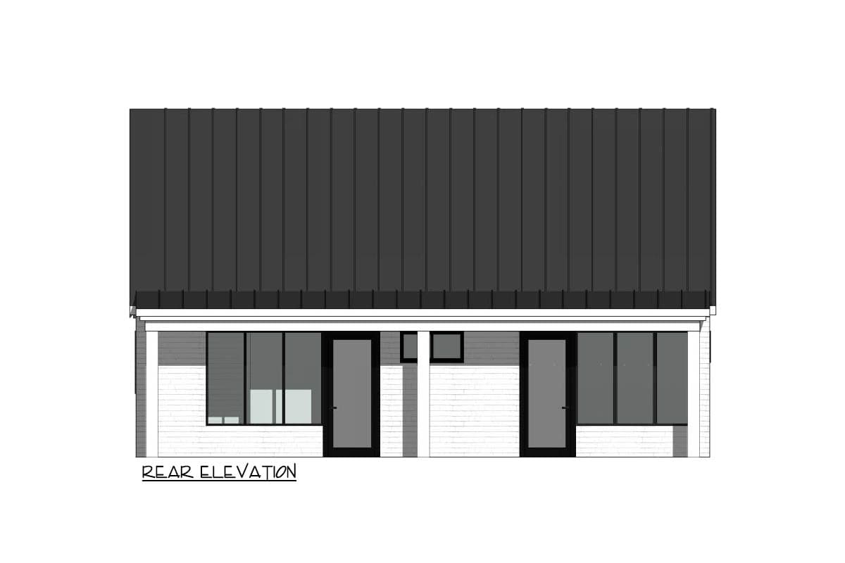 Rear elevation of a contemporary building design featuring a dark, angled roof. Large windows and a central door are present on the facade.