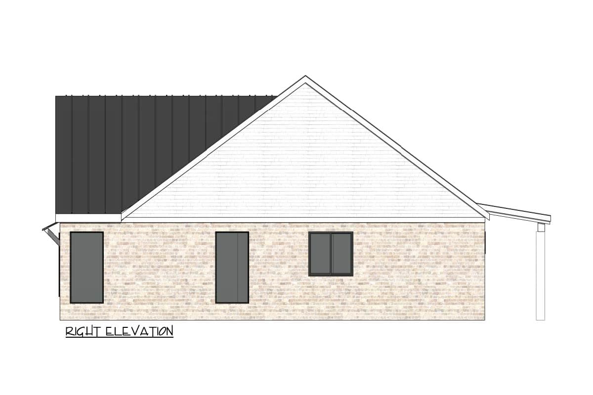 Architectural rendering of a house's right elevation, featuring a brick wall, dark roof, multiple windows, and a covered porch on a white background.