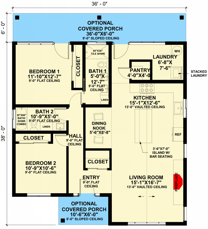 Plan 421020HFC: Charming 2-Bed Transitional Cottage Plan with Vaulted Living Space - 1248 Sq Ft - Floor Plan - Main Level - Cottage, Country, Traditional, Transitional