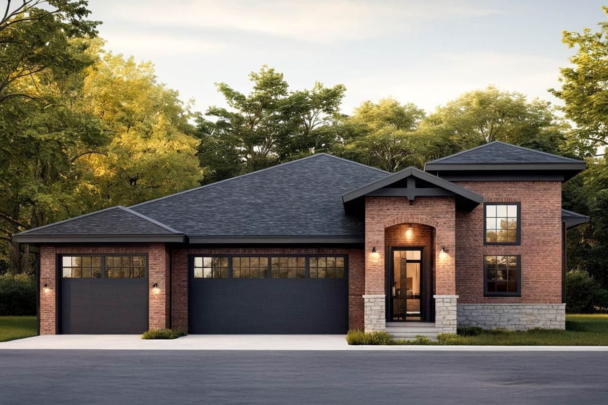 House plan exterior with brick facade, two-car garage, arched entryway, and layered rooflines.