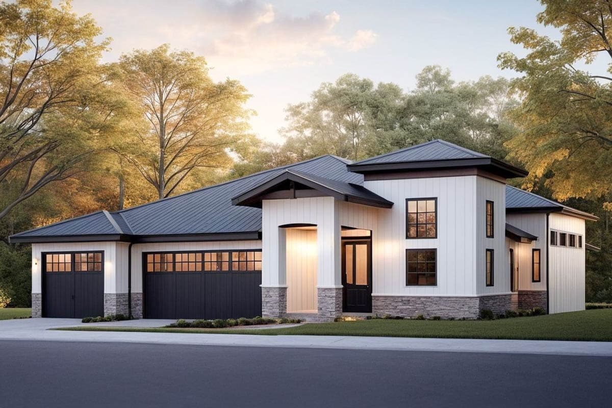 House plan exterior. Modern style, two-story home with a metal roof, front-facing garage, and entry porch supported by stone columns.