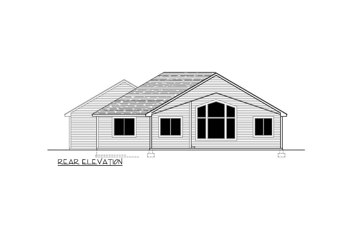 Rear elevation of a single-story house plan with horizontal siding, multiple windows, and a prominent arched window group.