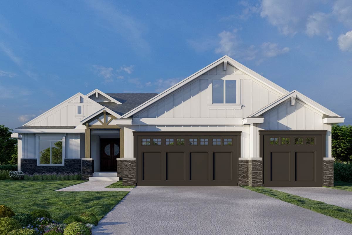 House plan exterior. Modern farmhouse style with gabled roof, two-car garage, and front porch with exposed rafters and stone accents.
