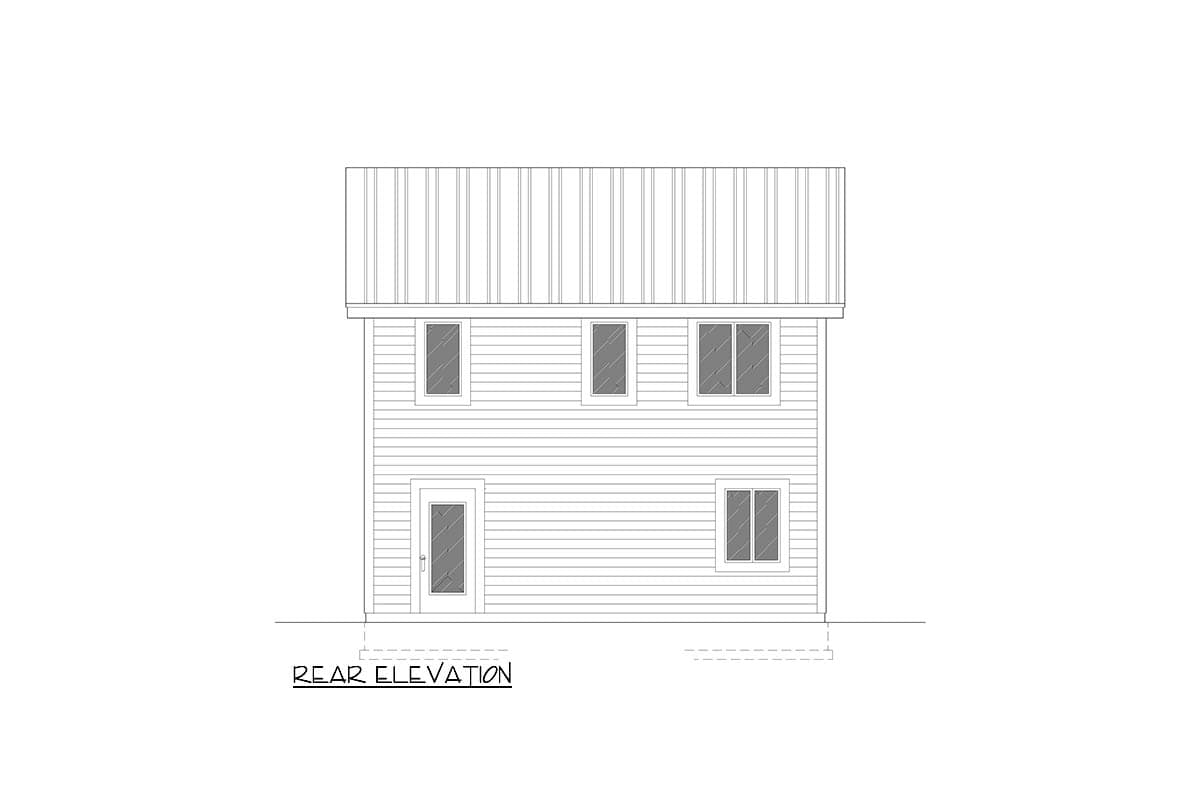 Rear elevation drawing of a two-story house with horizontal siding, a metal roof, and four windows.