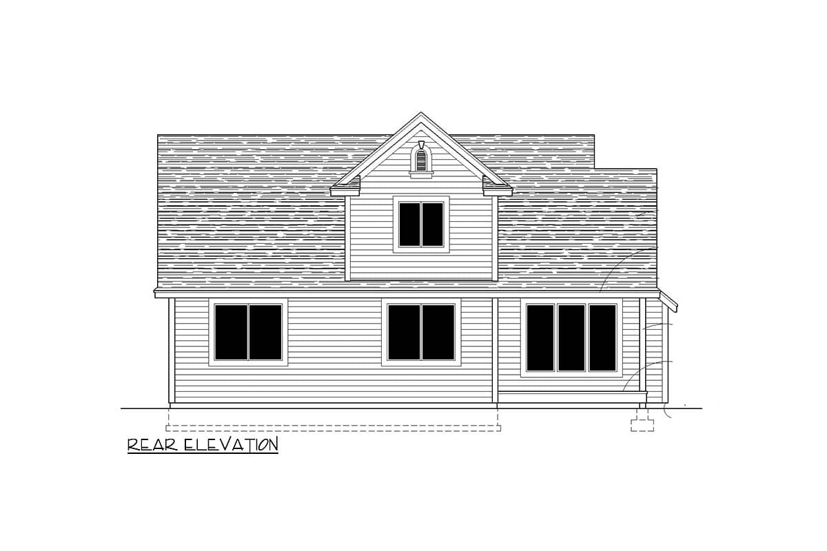 Rear elevation drawing of a two-story house plan featuring horizontal siding, gabled dormer, and multiple windows.
