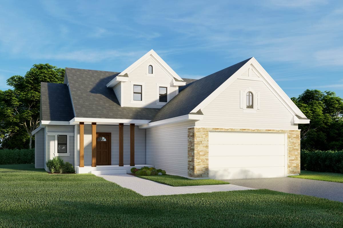 House plan exterior with two stories, Craftsman style. Features include gables, a covered porch, dormers, and an attached garage.