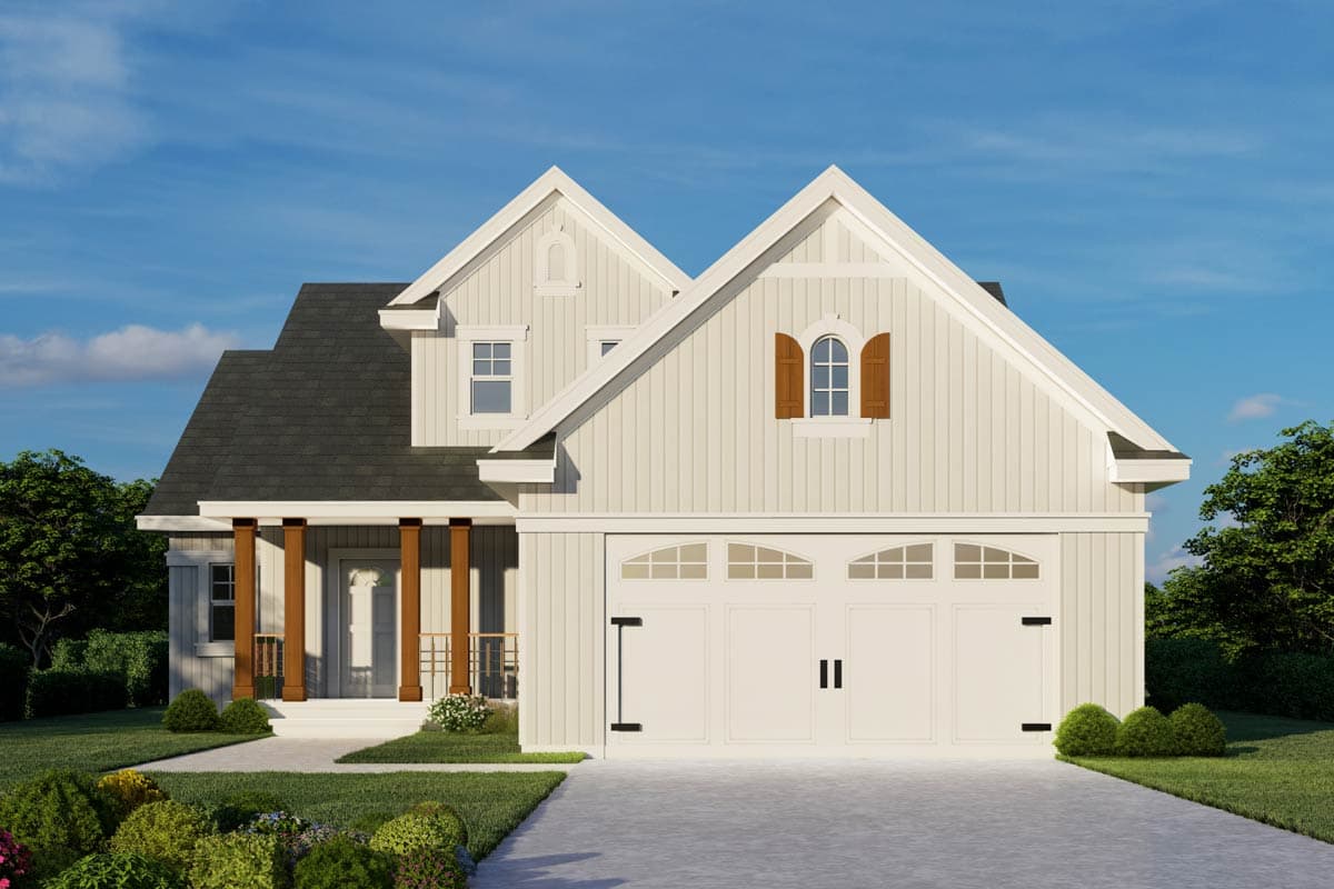 House plan exterior of a two-story Modern Farmhouse with a covered front porch, dual gables, and a three-car side-entry garage.