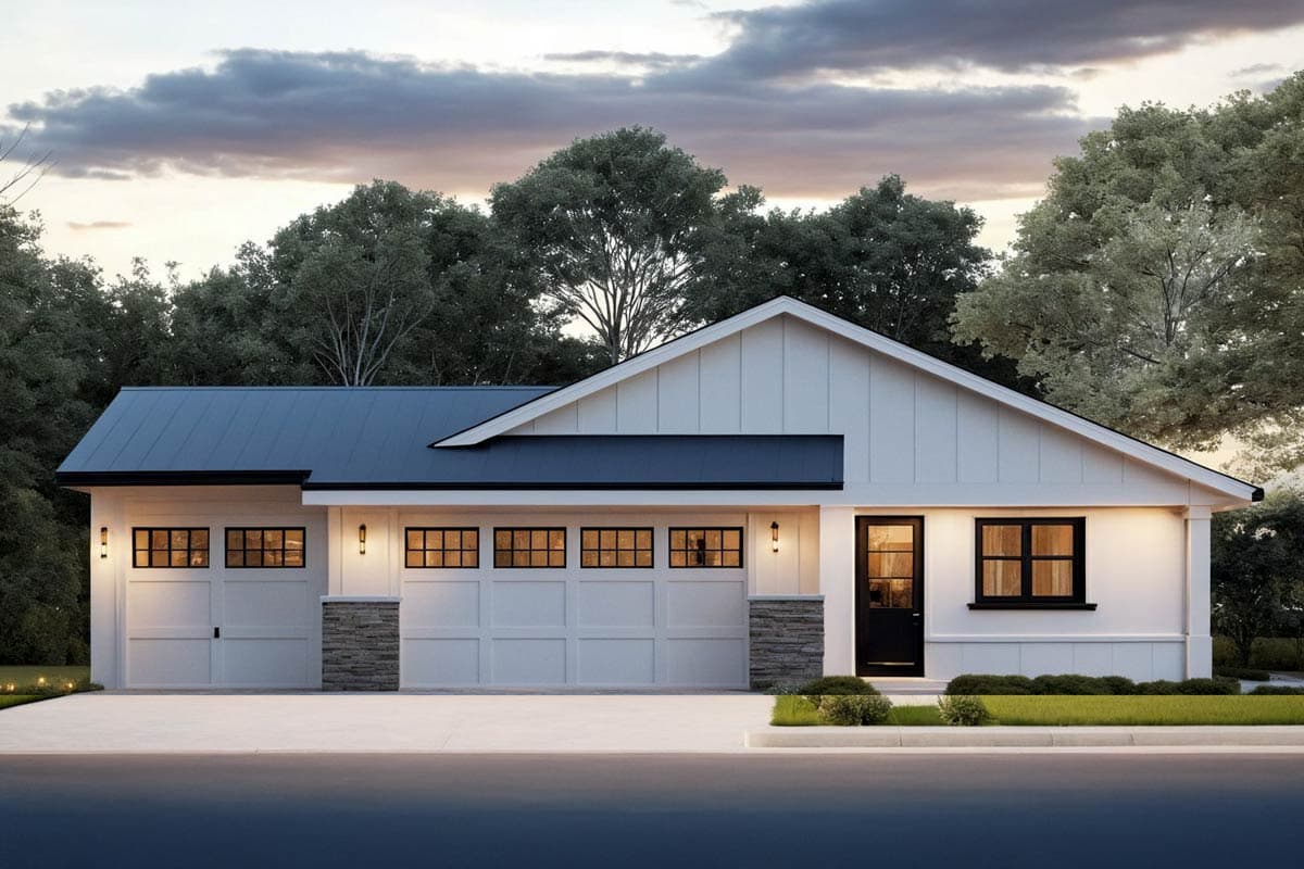 House plan exterior. Modern farmhouse style, single story home with a gable roof, integrated garage, and board-and-batten siding.