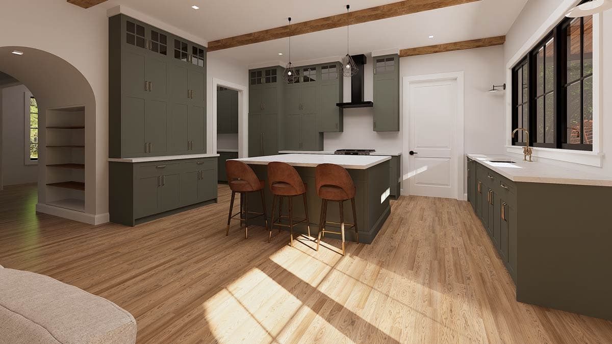 Modern kitchen rendering with dark green cabinets, wooden floors, and an island with three bar stools. Sunlight streams across the floor.